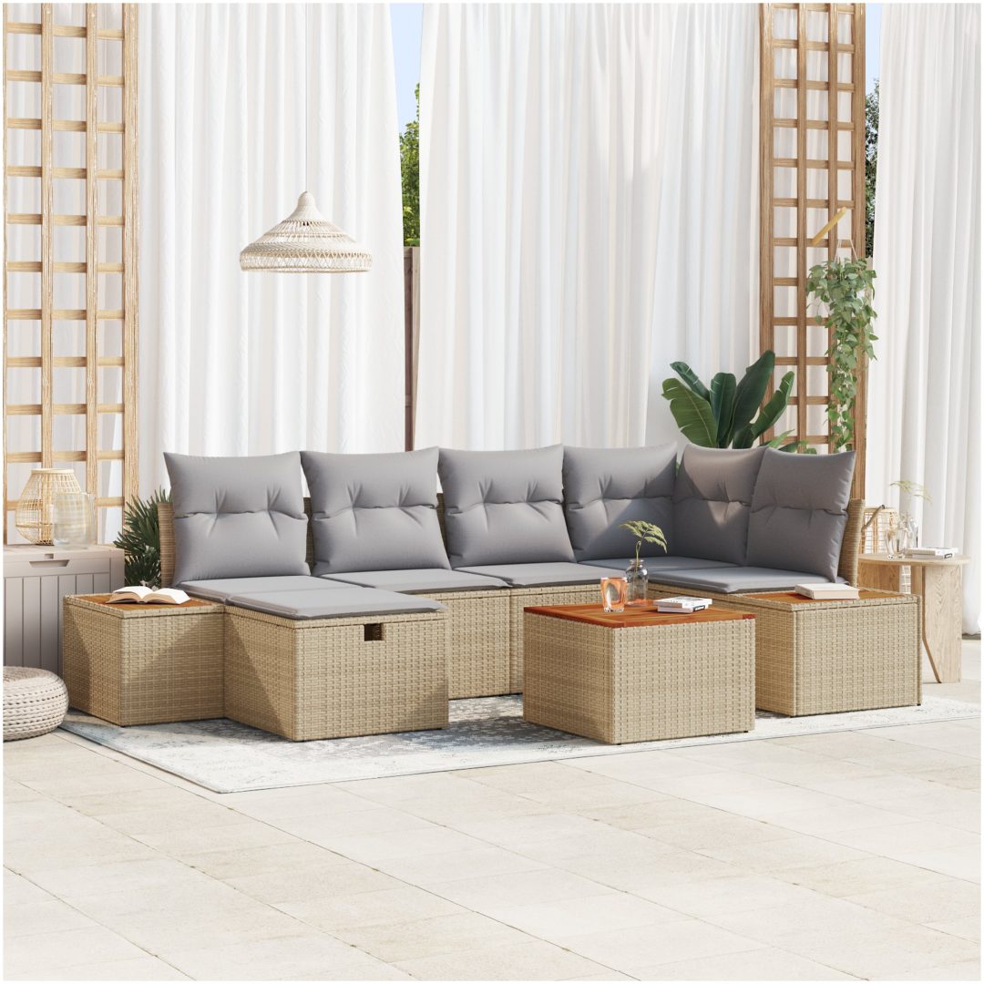 7-delars trädgårdsoffgrupp med beige kuddar i poly rattan vidaXL 55 x 55 x 37 cm