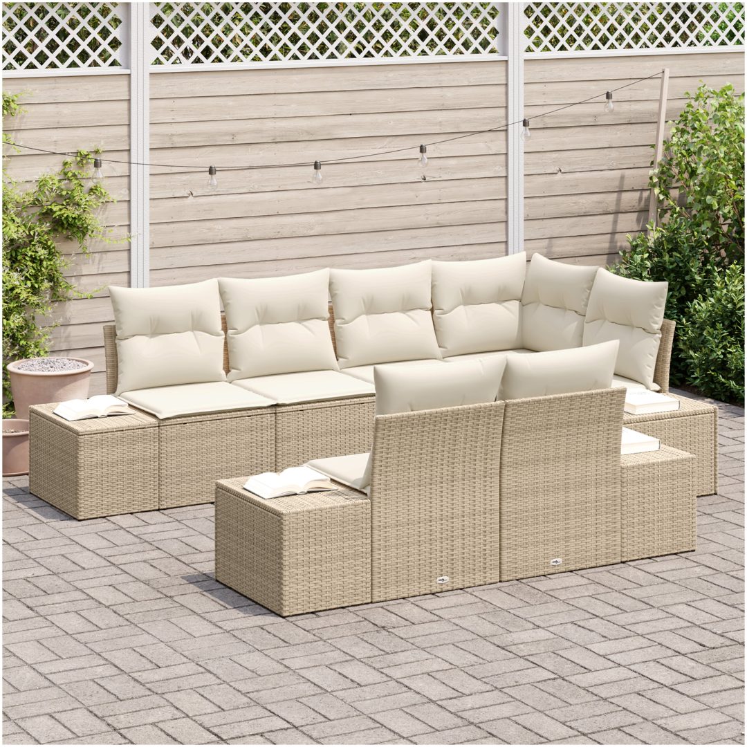 7-delars trädgårdsoffgrupp med kuddar, beige polyrotan vidaXL 264 x 154 x 85 cm – bild 3
