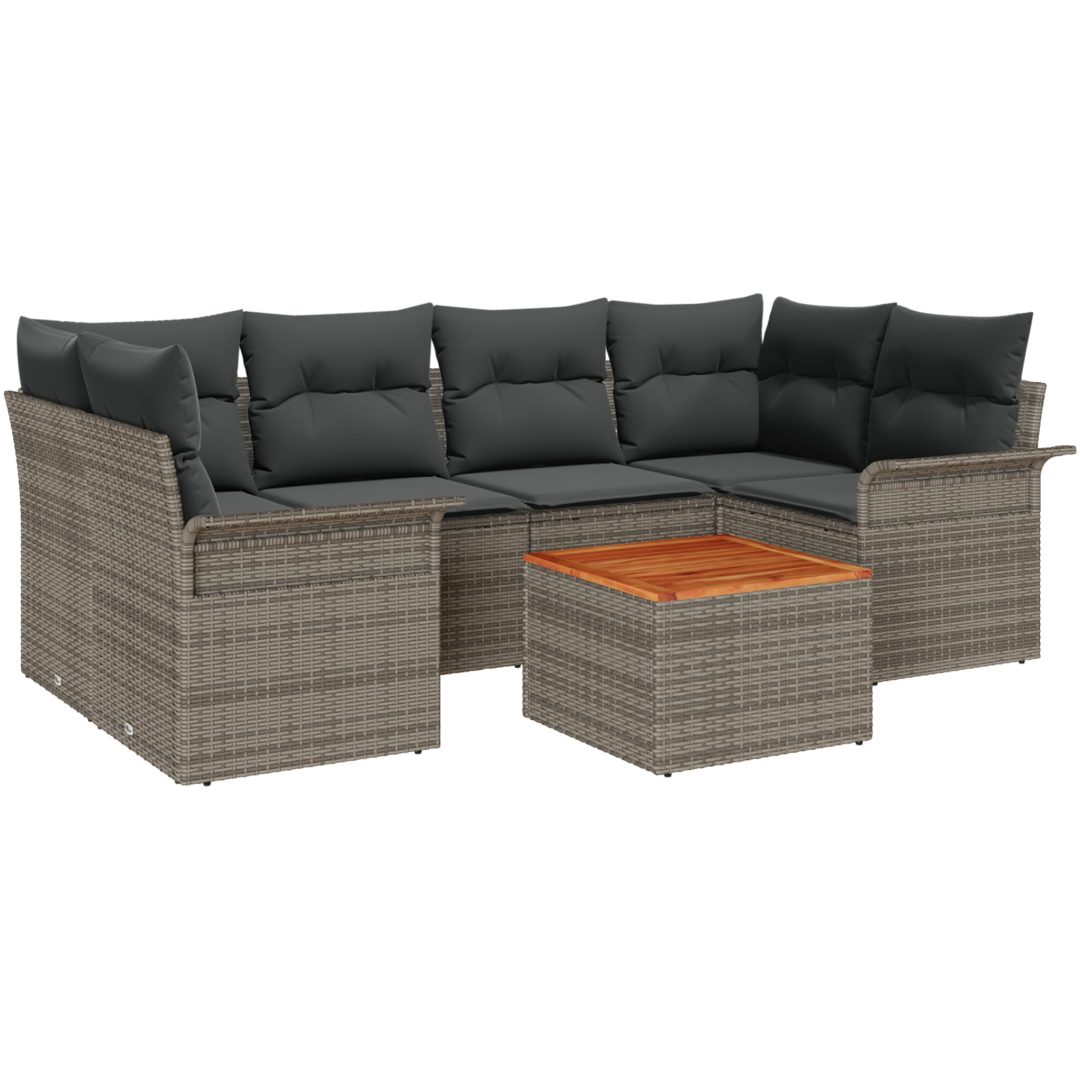 7-delars trädgårdsoffgrupp med kuddar grå poly rattan akacia vidaXL 55 x 55 x 37 cm – bild 2