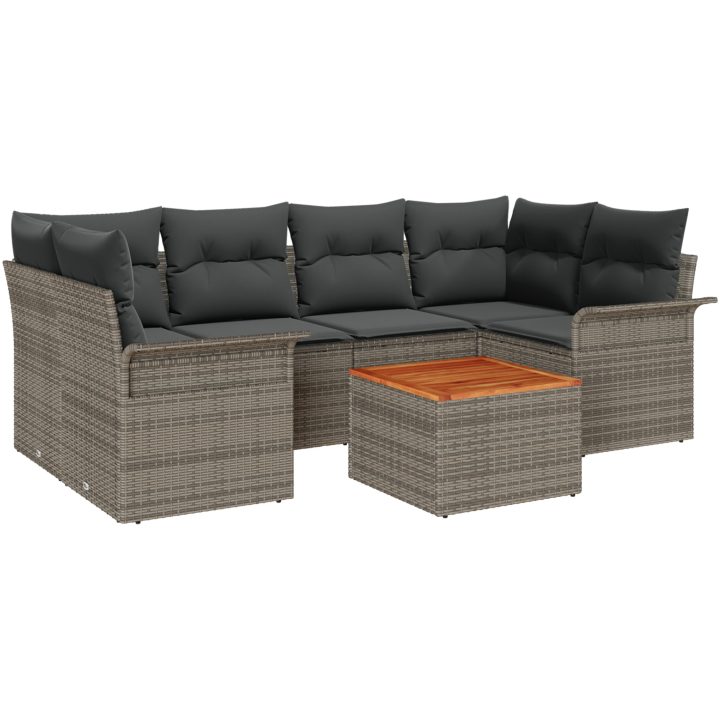 7-delars trädgårdsoffgrupp med kuddar grå poly rattan akacia vidaXL 55 x 55 x 37 cm – bild 2
