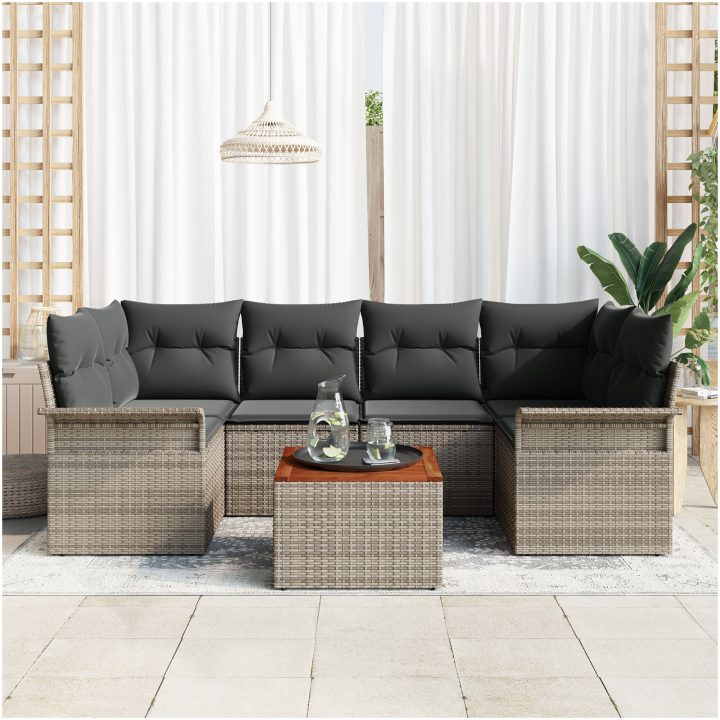 7-delars trädgårdsoffgrupp med kuddar grå poly rattan akacia vidaXL 55 x 55 x 37 cm – bild 3