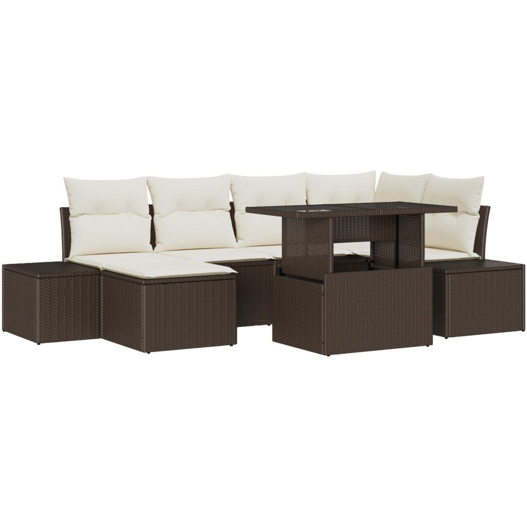7-delars trädgårdsoffgrupp med kuddar i brun poly-rattan vidaXL 100 x 55 x 73 cm – bild 2
