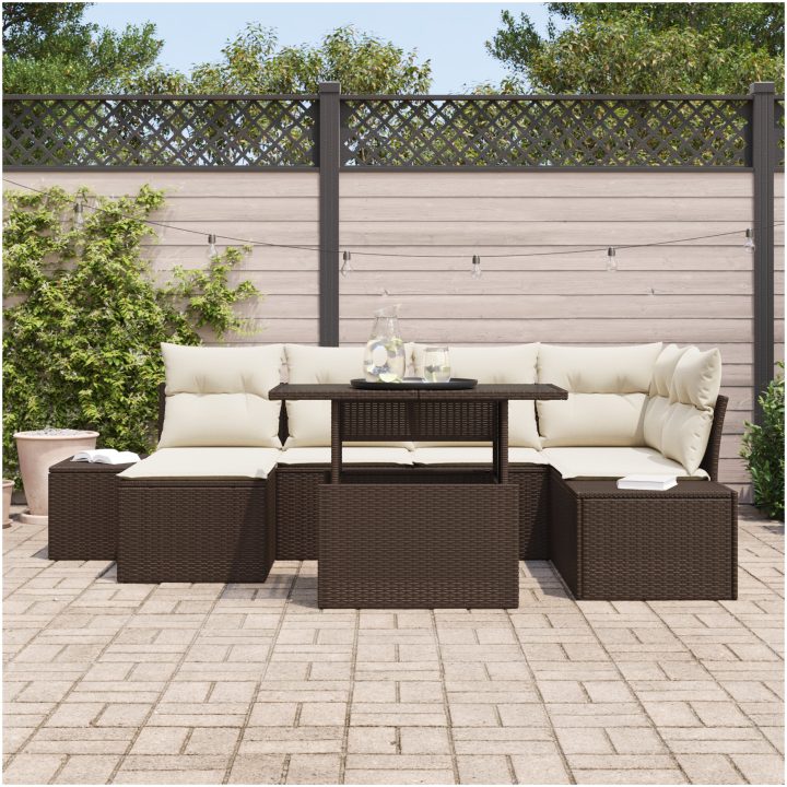 7-delars trädgårdsoffgrupp med kuddar i brun poly-rattan vidaXL 100 x 55 x 73 cm – bild 3