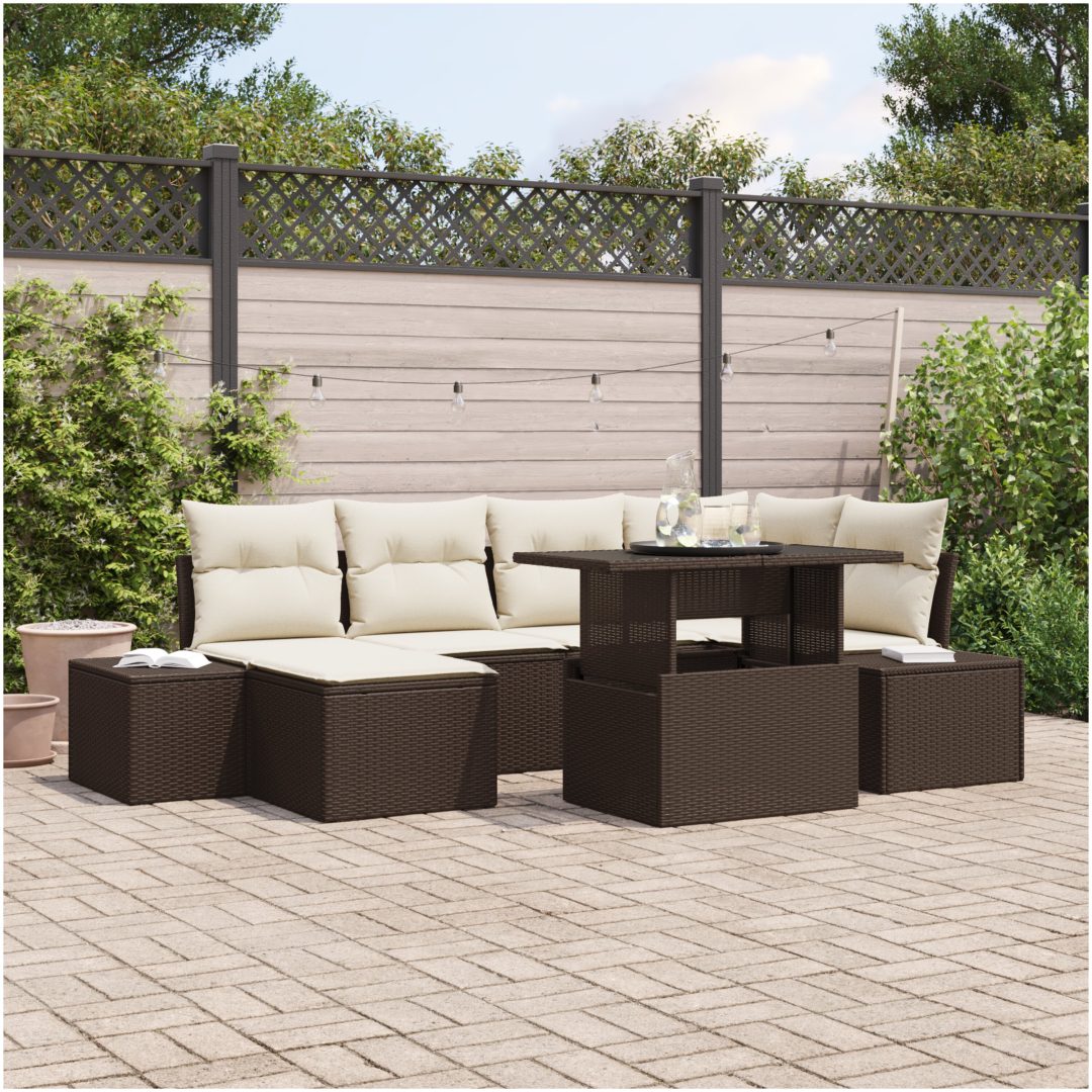 7-delars trädgårdsoffgrupp med kuddar i brun poly-rattan vidaXL 100 x 55 x 73 cm