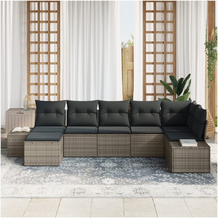 7-delars trädgårdsoffgrupp med kuddar i grå poly rattan vidaXL 319 x 154 x 85 cm – bild 3