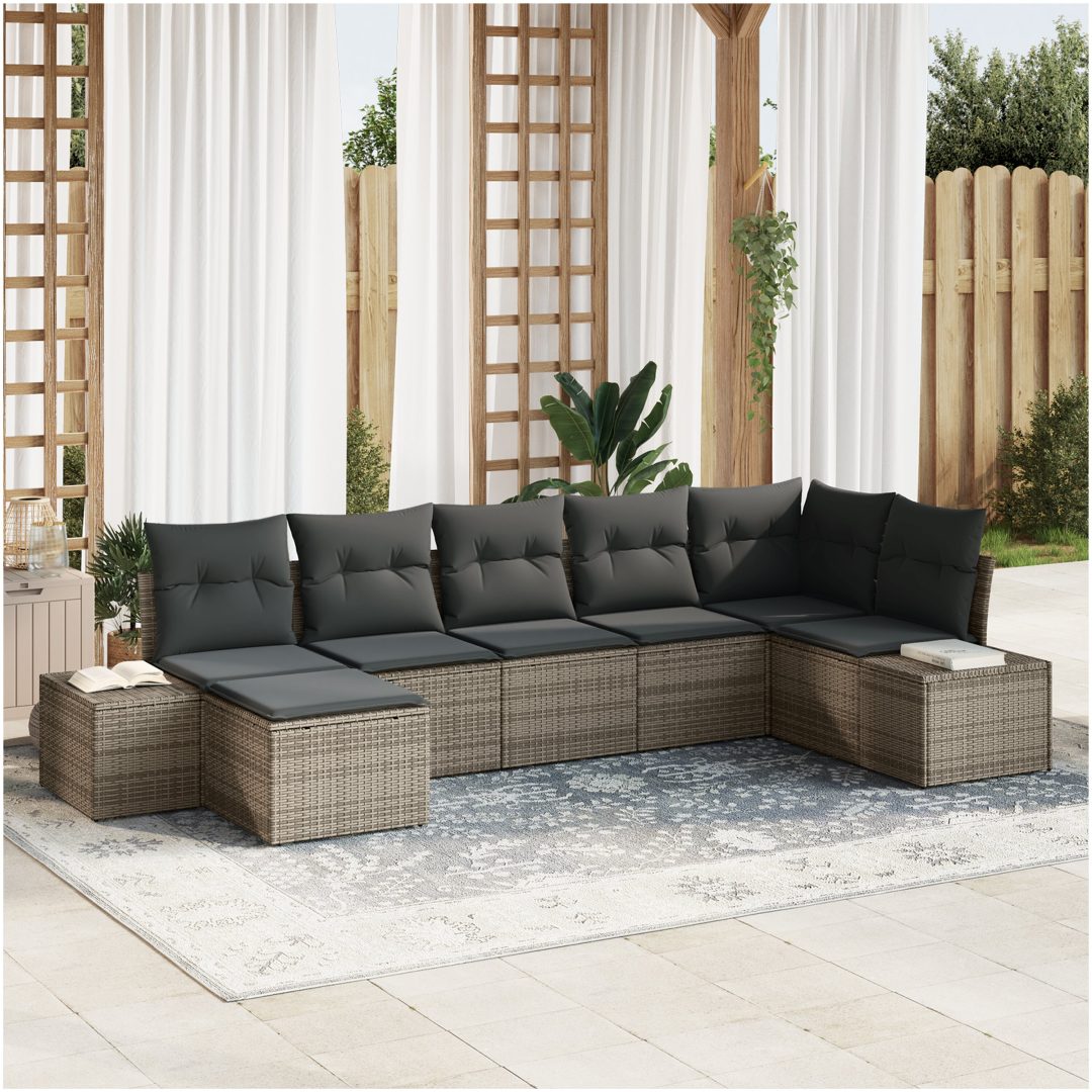 7-delars trädgårdsoffgrupp med kuddar i grå poly rattan vidaXL 319 x 154 x 85 cm
