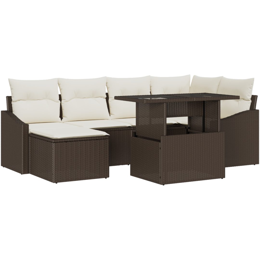 7-delars trädgårdsoffmöbelset med kuddar, brun poly-ratt vidaXL 100 x 55 x 73 cm – bild 2