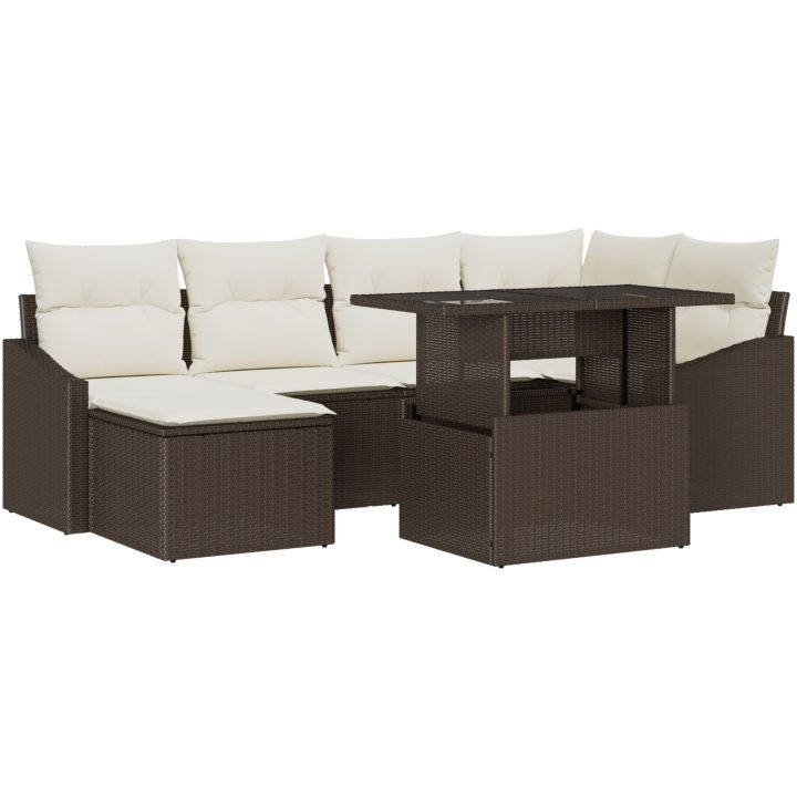 7-delars trädgårdsoffmöbelset med kuddar, brun poly-ratt vidaXL 100 x 55 x 73 cm – bild 2