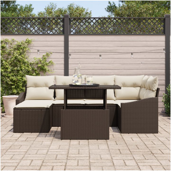 7-delars trädgårdsoffmöbelset med kuddar, brun poly-ratt vidaXL 100 x 55 x 73 cm – bild 3
