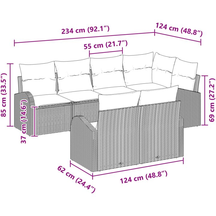 7-delars Trädgårdsoffmöblemang med Kuddar Ljusgrå Poly Rattan vidaXL 234 x 124 x 85 cm – bild 11