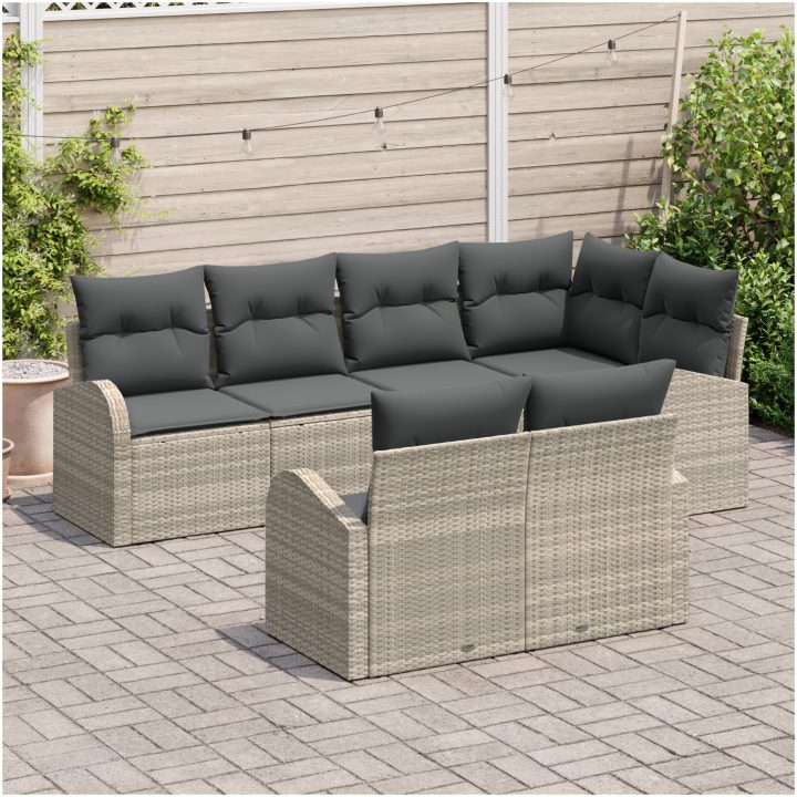 7-delars Trädgårdsoffmöblemang med Kuddar Ljusgrå Poly Rattan vidaXL 234 x 124 x 85 cm – bild 3