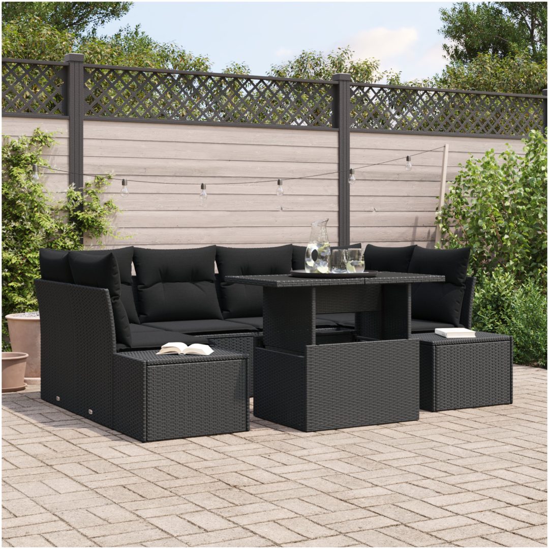 7-delars trädgårdsoffor med kuddar - svart poly-rattan vidaXL 100 x 55 x 73 cm