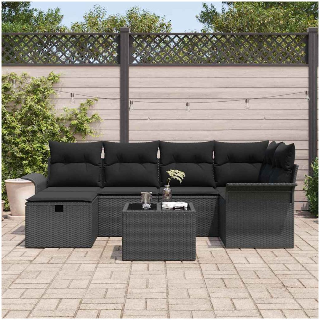 7-delars trädgårdsoffset med dynor svart poly rattan vidaXL 242.5 x 132.5 x 85 cm – bild 3