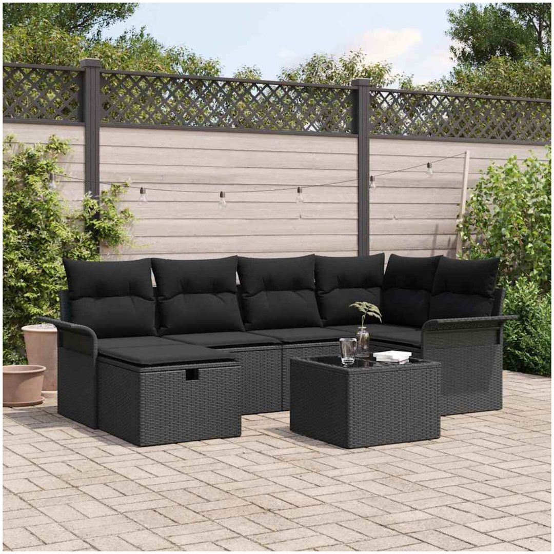 7-delars trädgårdsoffset med dynor svart poly rattan vidaXL 242.5 x 132.5 x 85 cm