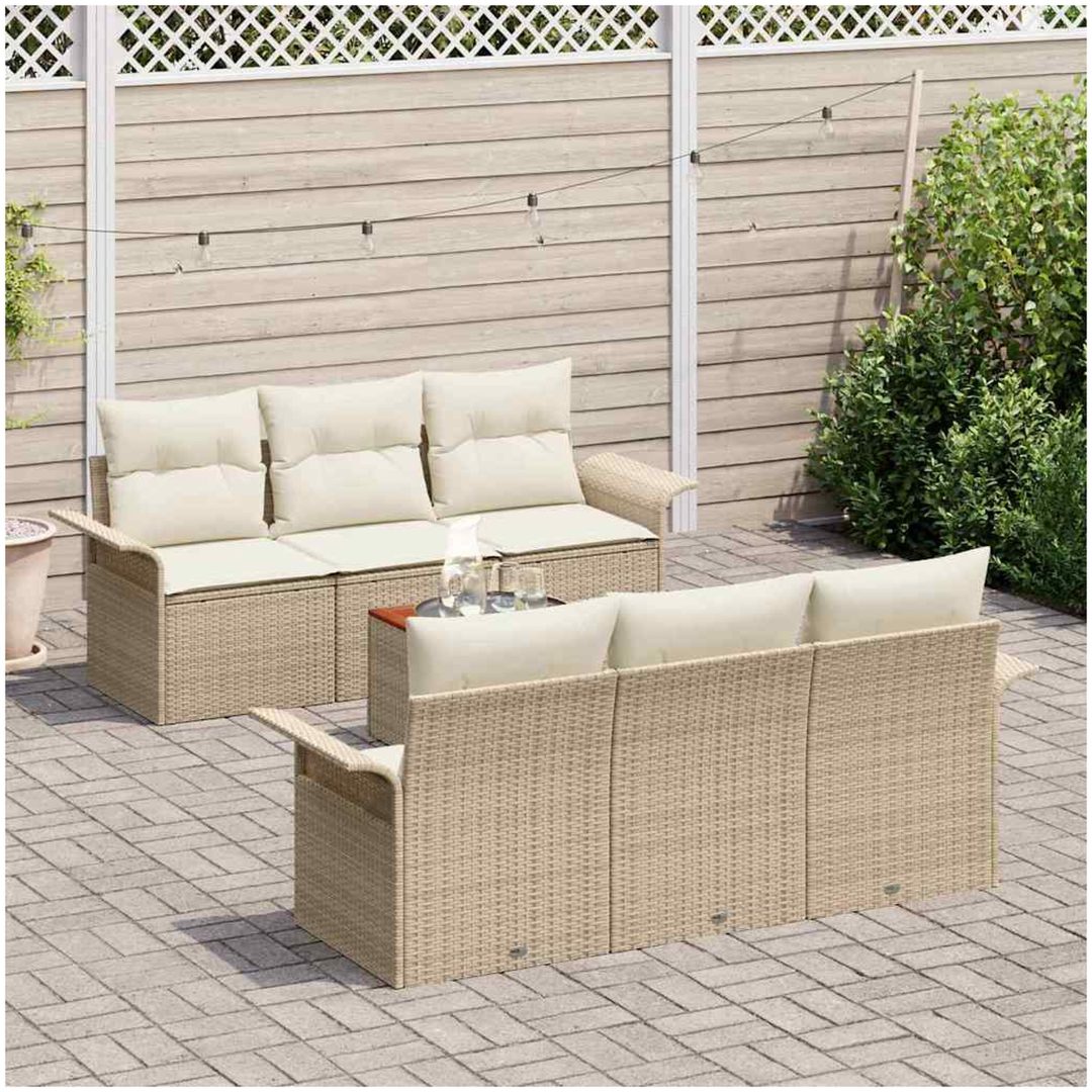 7-delars trädgårdsoffset med kuddar beige poly rattan akacia vidaXL Stor – bild 3