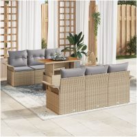 7-delars trädgårdsoffset med kuddar, beige, poly rattan och akacia vidaXL