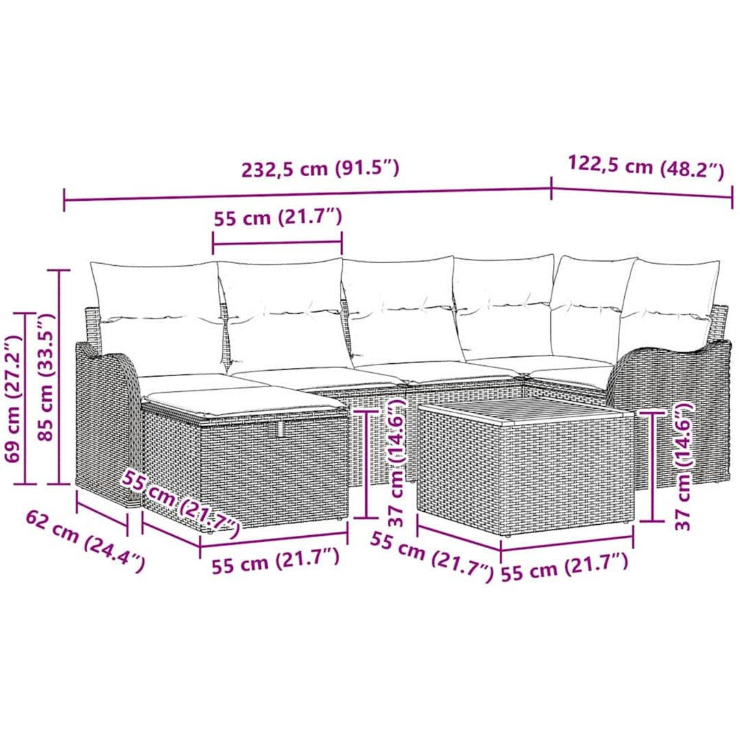 7 Delars Trädgårdsoffset med Kuddar Beige Poly Rattan vidaXL Mellan – bild 11
