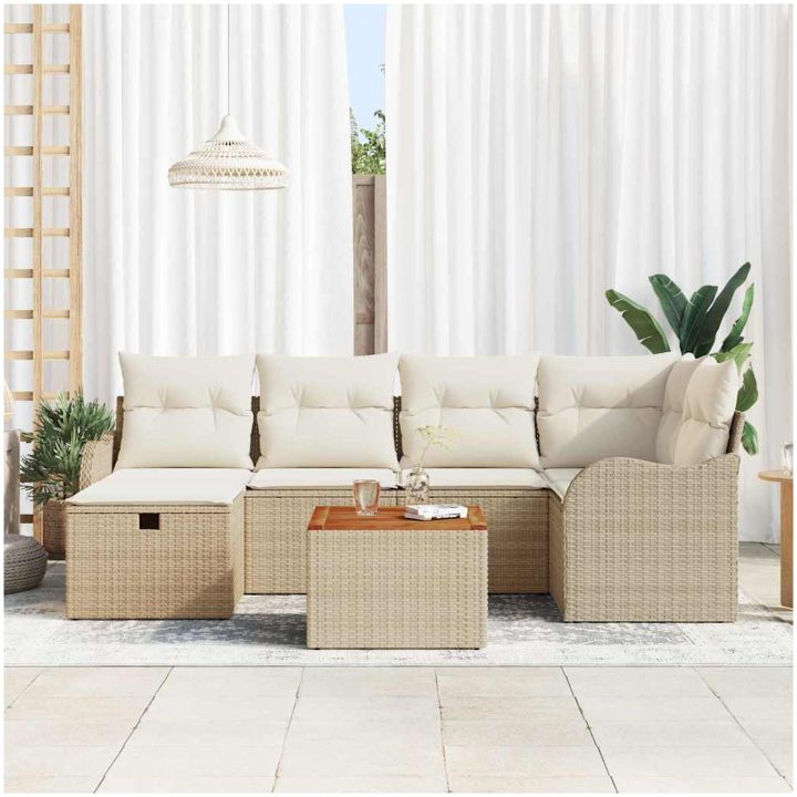 7 Delars Trädgårdsoffset med Kuddar Beige Poly Rattan vidaXL Mellan – bild 3
