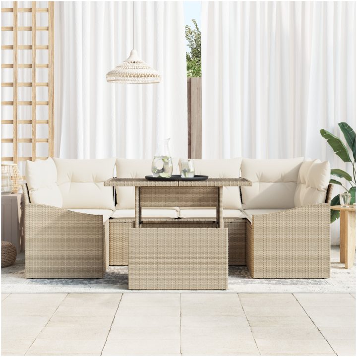 7-delars trädgårdsoffset med kuddar beige poly-rotting vidaXL 100 x 55 x 73 cm – bild 3