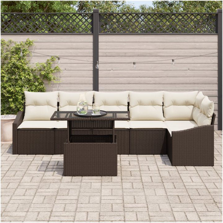 7 Delars Trädgårdsoffset med Kuddar Brun Poly Rattan vidaXL 100 x 55 x 73 cm – bild 3