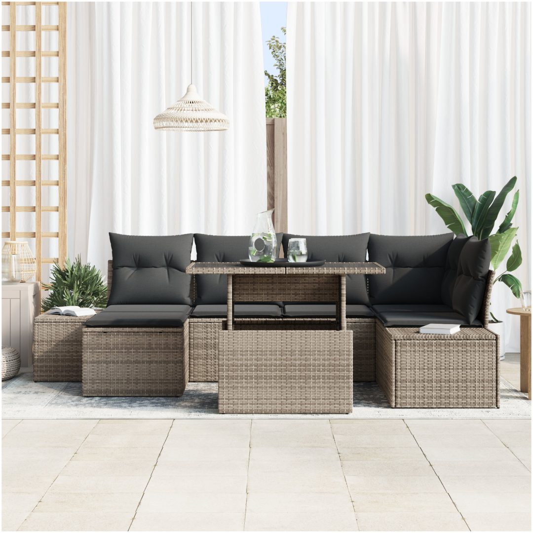7-delars trädgårdsoffset med kuddar - Grå poly rattan vidaXL 100 x 55 x 73 cm – bild 3