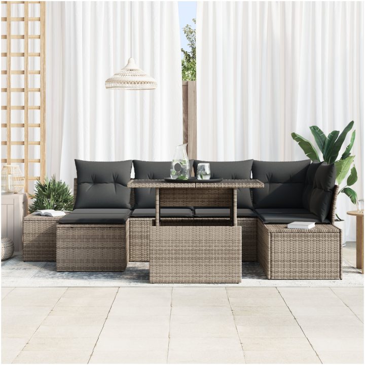 7-delars trädgårdsoffset med kuddar - Grå poly rattan vidaXL 100 x 55 x 73 cm – bild 3