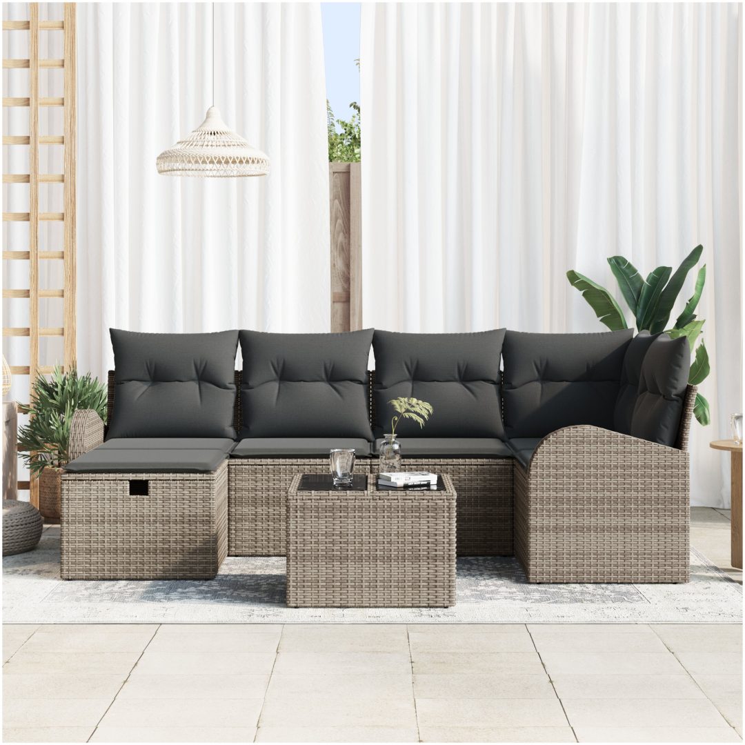 7-delars trädgårdsoffset med kuddar Grå Poly Rattan vidaXL Medium – bild 3