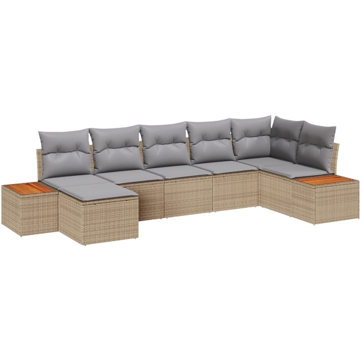 7-delars trädgårdsoffset med kuddar i beige poly-rattan och akacia vidaXL 319 x 154 x 85 cm – bild 2