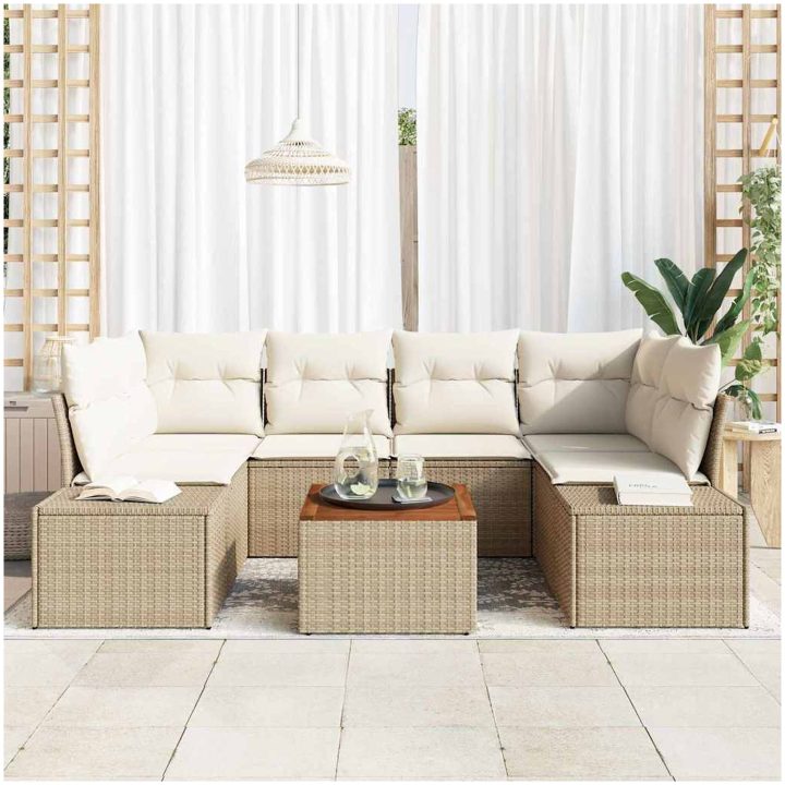 7-delars Trädgårdsoffset med Kuddar i Beige Poly Rattan och Akacia vidaXL 55 x 55 x 37 cm – bild 3