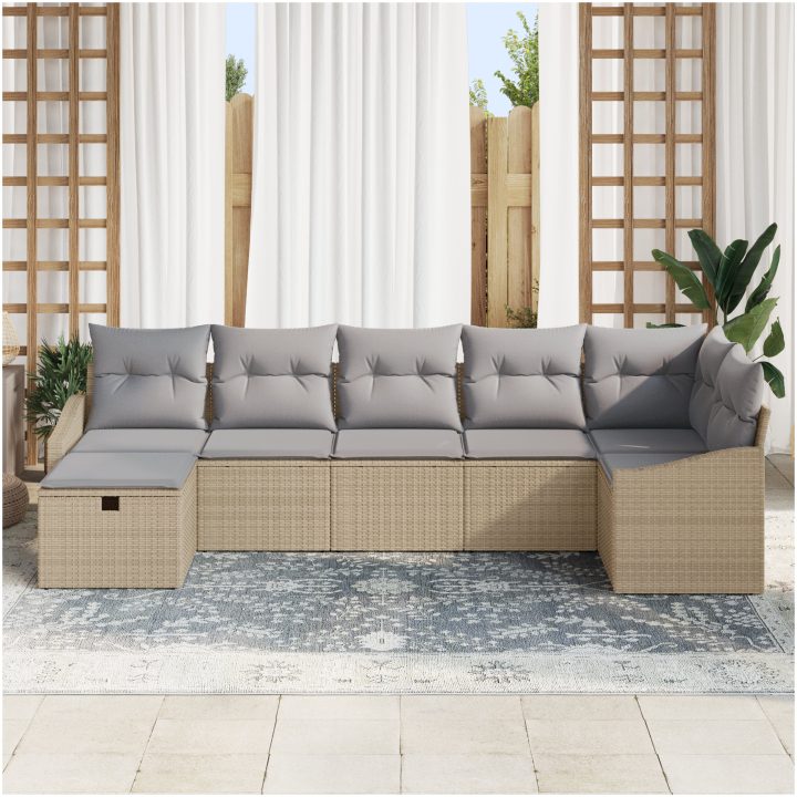 7-delars Trädgårdsoffset med kuddar i beige poly rattan vidaXL 288.5 x 123.5 x 85 cm – bild 3