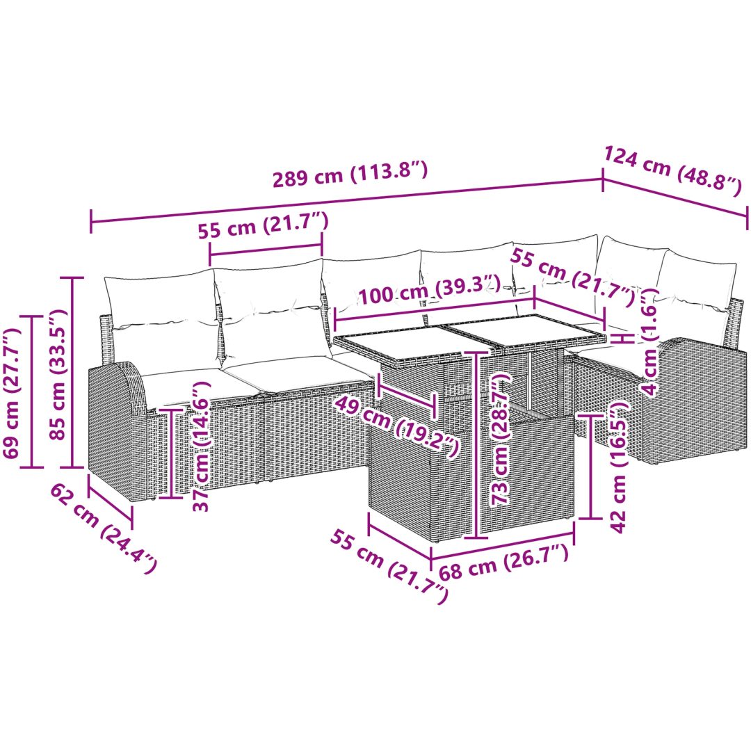 7-delars trädgårdsoffset med kuddar i grå polyrotting vidaXL 100 x 55 x 73 cm – bild 11