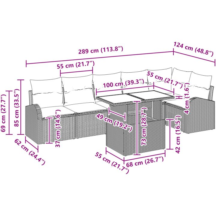 7-delars trädgårdsoffset med kuddar i grå polyrotting vidaXL 100 x 55 x 73 cm – bild 11