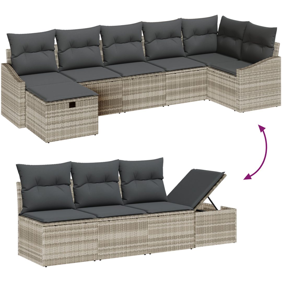 7-delars trädgårdsoffset med kuddar i ljusgrå poly rattan vidaXL 288.5 x 123.5 x 85 cm – bild 8
