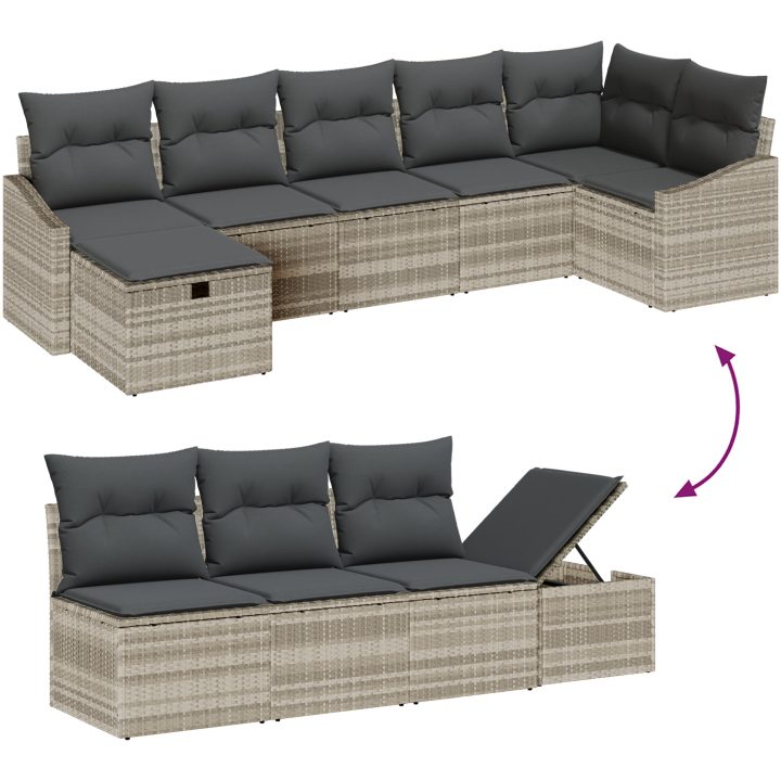 7-delars trädgårdsoffset med kuddar i ljusgrå poly rattan vidaXL 288.5 x 123.5 x 85 cm – bild 8