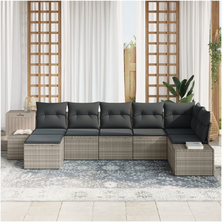 7-delars trädgårdsoffset med kuddar i ljusgrått poly rattan vidaXL 319 x 154 x 85 cm – bild 3