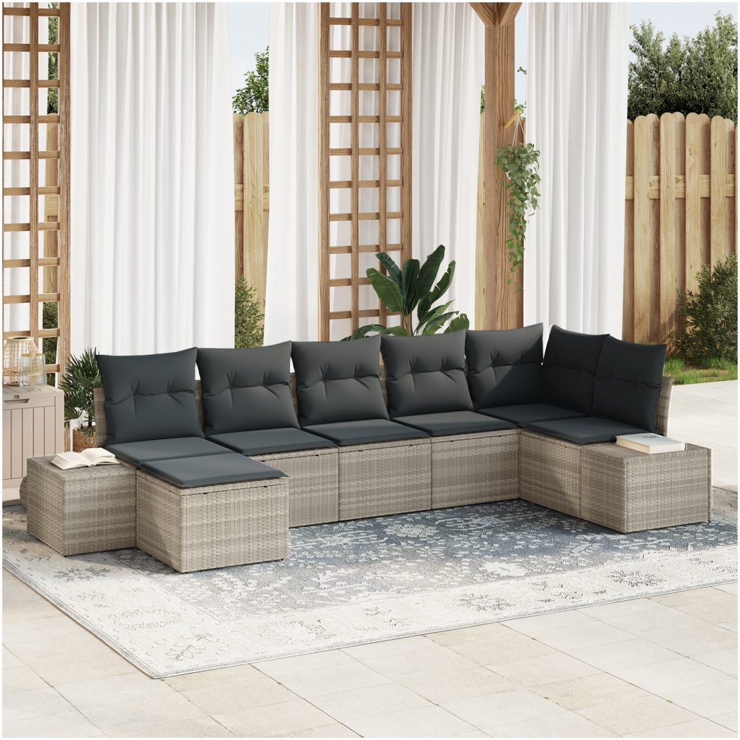 7-delars trädgårdsoffset med kuddar i ljusgrått poly rattan vidaXL 319 x 154 x 85 cm