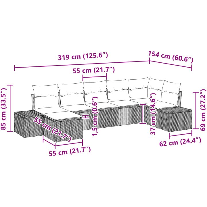 7 Delars Trädgårdsoffset med Kuddar Ljusgrå Poly-Rotting vidaXL 319 x 154 x 69 cm – bild 9