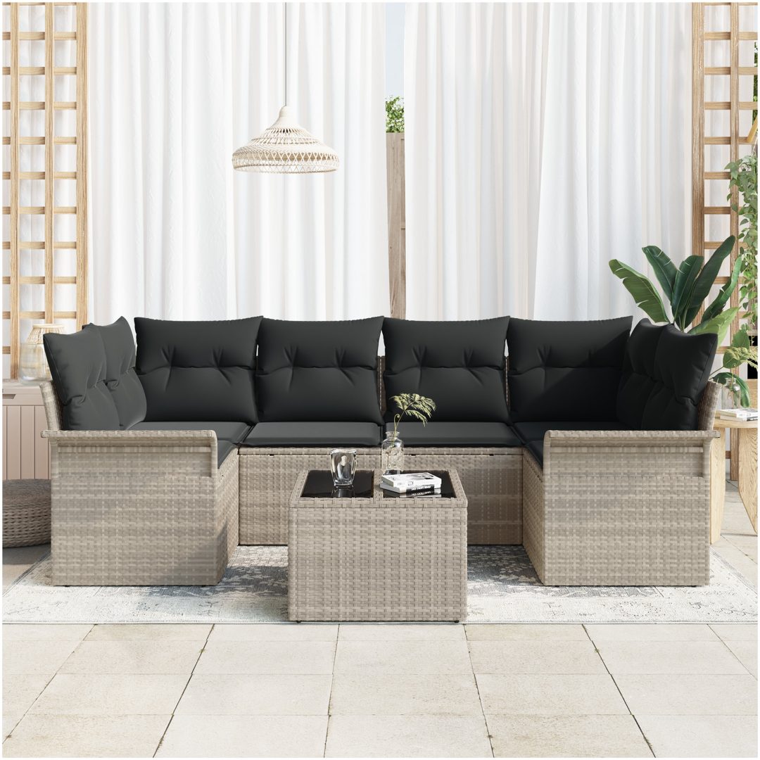 7-delars trädgårdsoffset med kuddar Ljusgrå Poly Rottning vidaXL 55 x 55 x 37 cm – bild 3