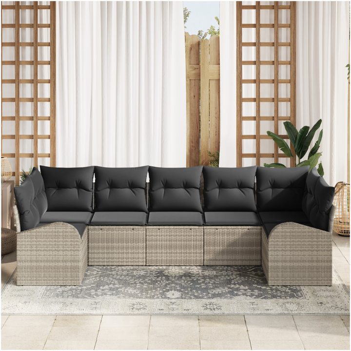 7-delars trädgårdsoffset med kuddar ljusgrå polyrotting vidaXL 289 x 124 x 85 cm – bild 3