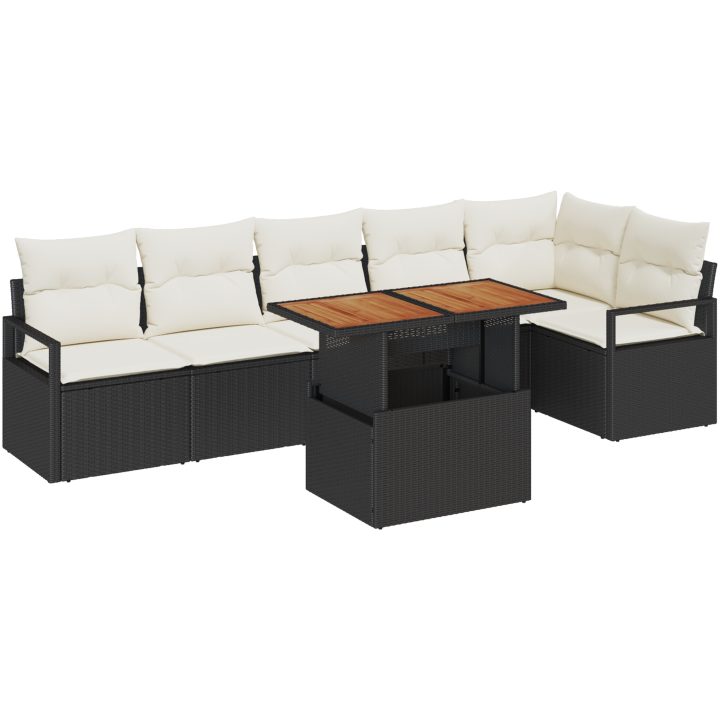 7-delars trädgårdsoffset med kuddar svart poly rattan akaciaträ vidaXL Medium, large – bild 2