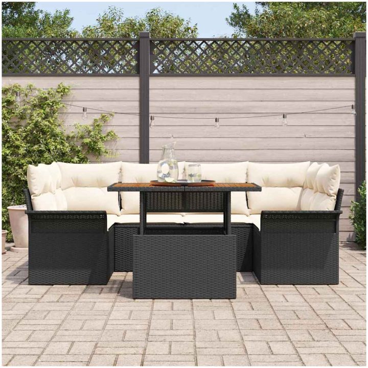 7-delars Trädgårdsoffset med Kuddar - Svart Poly Rattan och Akacia vidaXL 100 x 55 x 73 cm – bild 3