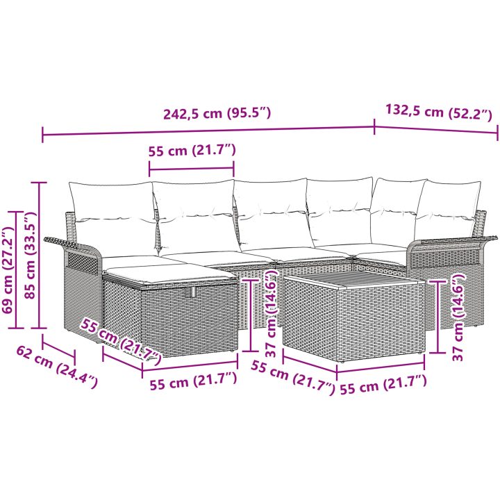 7 Delars Trädgårdsoffset med Kuddar Svart Poly Rattan vidaXL 55 x 55 x 37 cm – bild 11