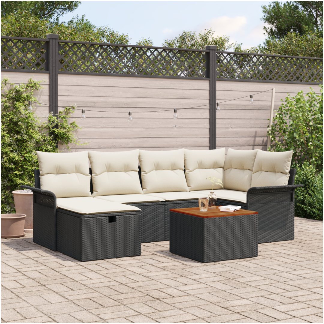 7 Delars Trädgårdsoffset med Kuddar Svart Poly Rattan vidaXL 55 x 55 x 37 cm