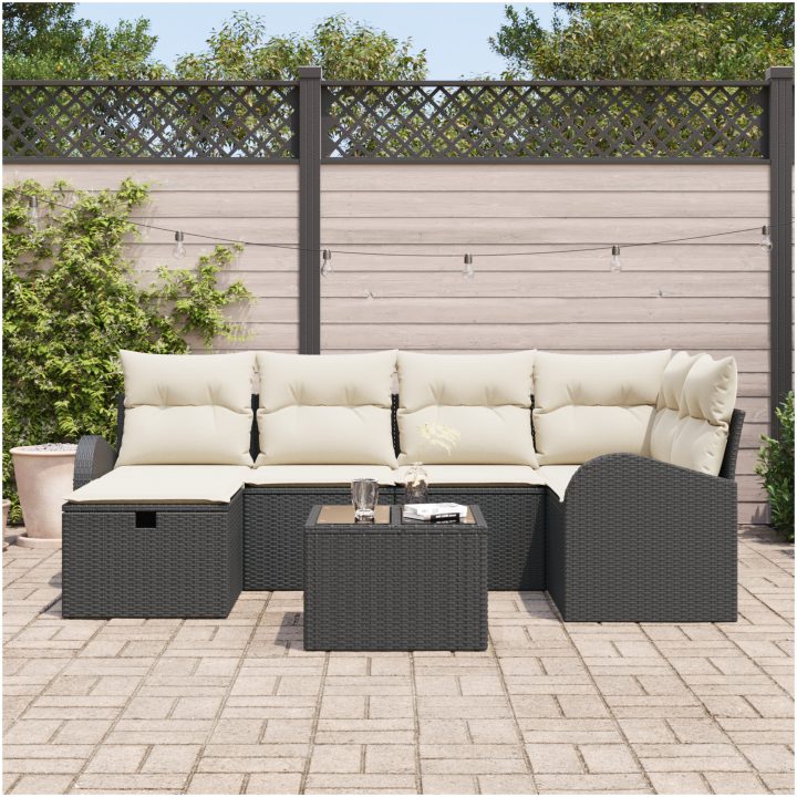 7-delars trädgårdsoffset med kuddar - Svart poly rattan vidaXL Stor – bild 3