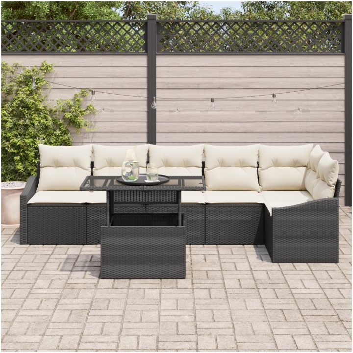 7-delars trädgårdsoffset med kuddar svart polyrottning vidaXL 100 x 55 x 73 cm – bild 3