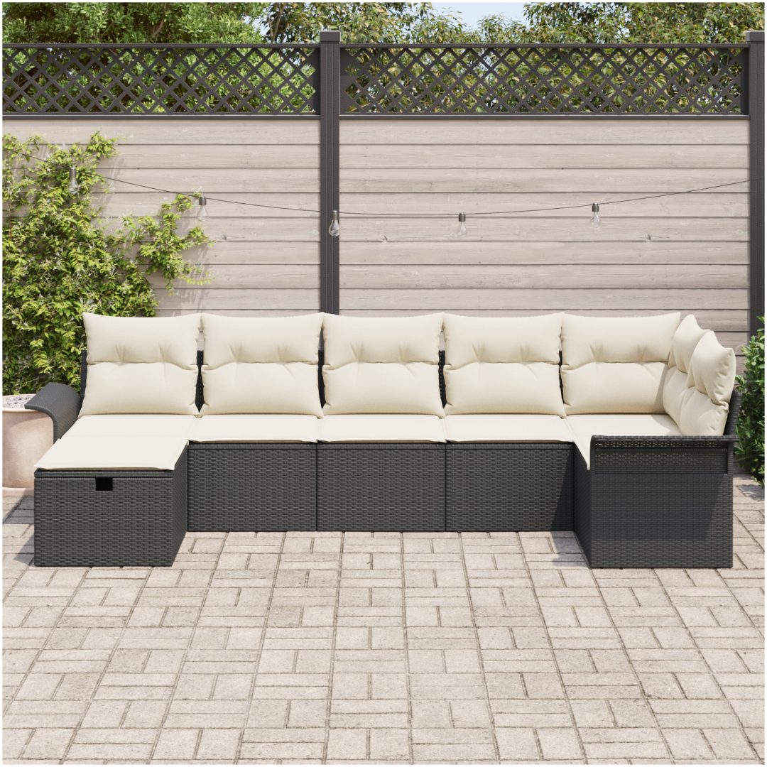 7-delars trädgårdsoffset med kuddar svarta poly rotting vidaXL 297,5 x 132,5 x 85 cm – bild 3