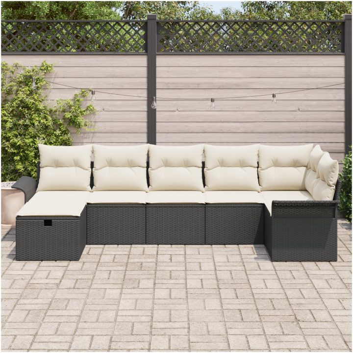 7-delars trädgårdsoffset med kuddar svarta poly rotting vidaXL 297,5 x 132,5 x 85 cm – bild 3