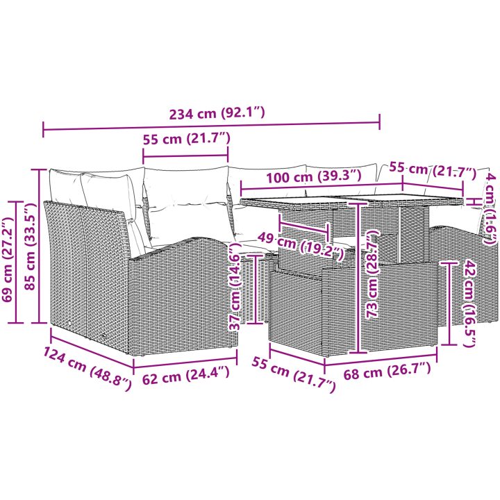 7-delars trädgårdsoffset med ljusgråa kuddar i polyrotting vidaXL 100 x 55 x 73 cm – bild 11