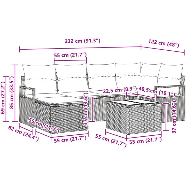 7-delars Trädgårdsoffuppsättning med Kuddar Svart Poly Rattan vidaXL Stor – bild 11