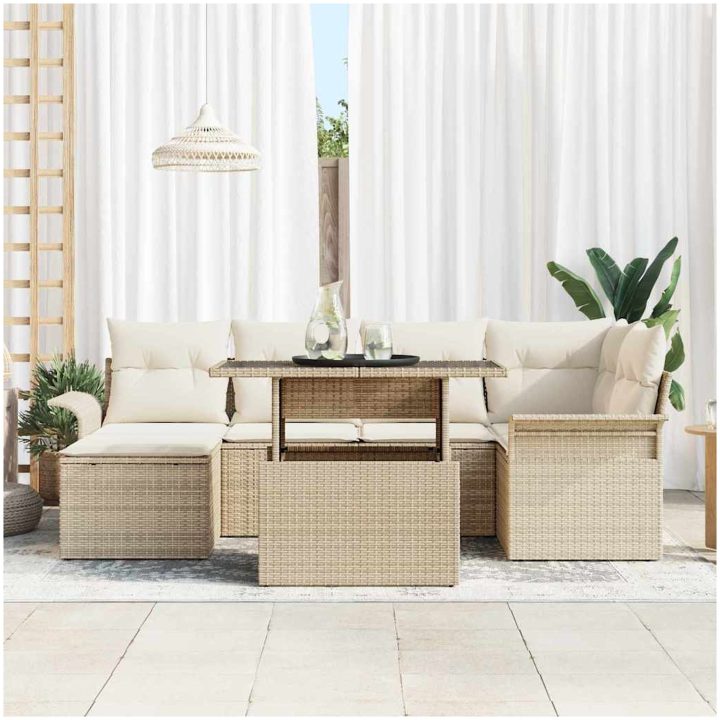 7-delars trädgårdsofset med kuddar i beige poly-rattan vidaXL 100 x 55 x 73 cm – bild 3